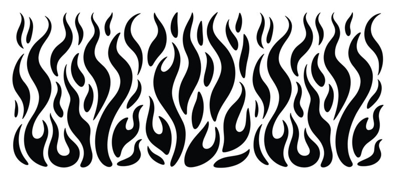 Black abstract flame shapes arranged in a dense vertical pattern on a white background fire