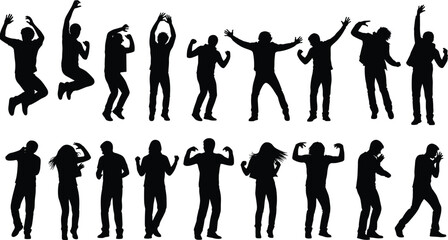 Obraz premium Collection of dancing human silhouettes in energetic poses, black full body figures expressing movement and celebration isolated on white background