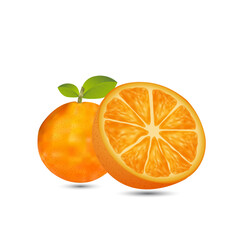 Fresh whole orange and sliced half with green leaves, realistic fruit illustration isolated on white background. Perfect for food packaging, juice labels, healthy nutrition designs.
