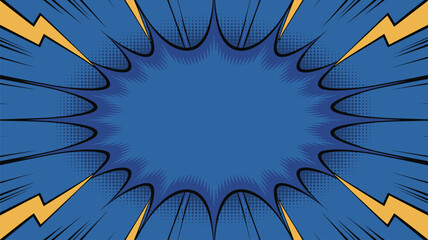 Comic book style explosion burst with yellow lightning bolts on a blue background superhero © Emon
