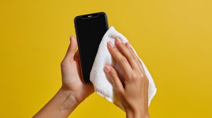 A woman hands cleaning a smartphone screen with a cloth against a bright yellow background.