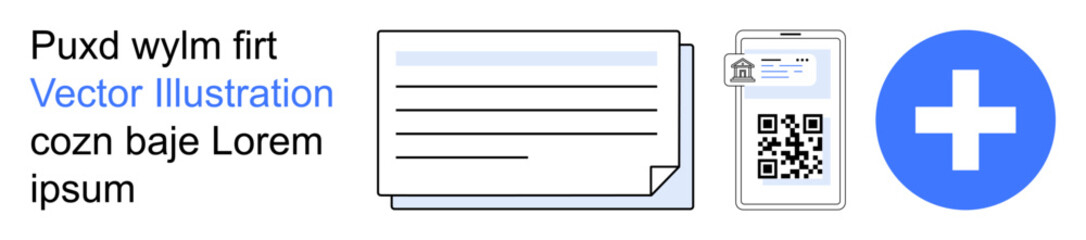 Obraz premium Healthcare, identification, QR codes, digital documents, security, technology. A medical symbol next to a document and ID card with QR code. Healthcare and identification concept