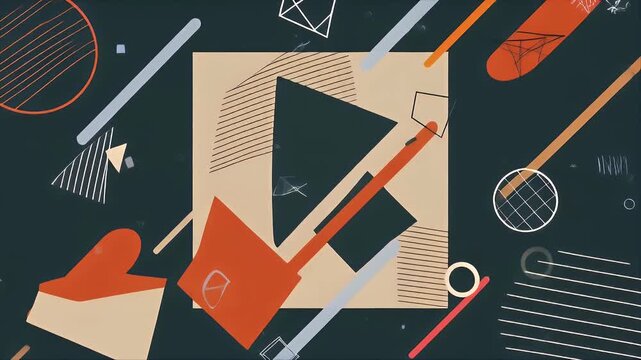 Abstract composition featuring geometric shapes and lines in dark teal, orange, and beige.
