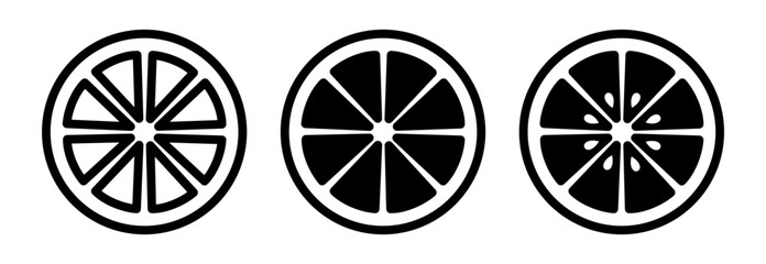 Lemon slice front view icon set. Black and white outline style. Minimal flat vector citrus icons isolated