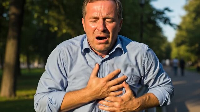 Caucasian man suffering acute symptoms of a heart attack