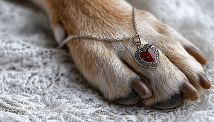 A close-up of a paw adorned with an elegant silver pendant set with a heart-shaped red crystal. The paws rest on white lace, which accentuates their delicacy.