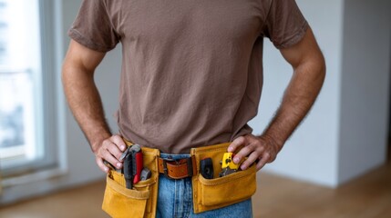 A male construction worker wearing a brown shirt and tool belts, ready for home renovation.