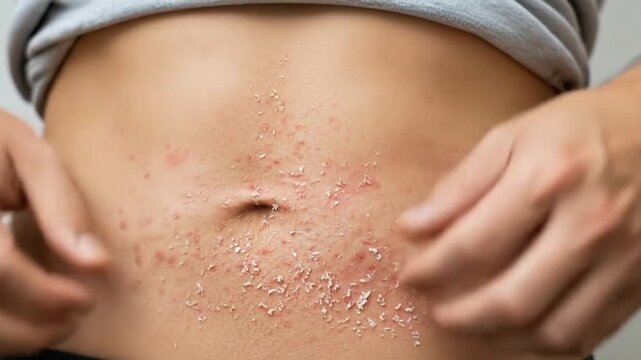 Close up of man scratching irritated back due to severe dermatitis