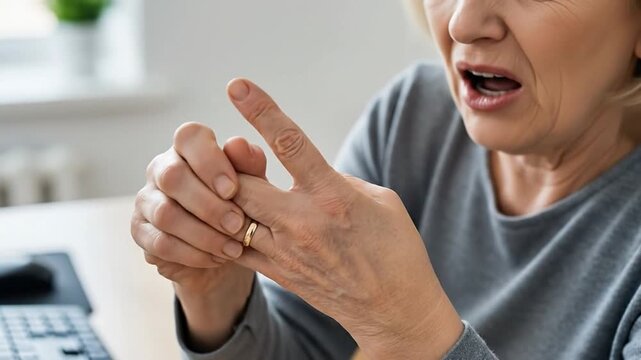 Senior woman massaging painful trigger finger suffering from arthritis.