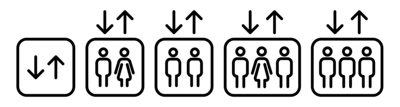 Outline elevator icon set featuring directional arrows and passenger capacity symbols. Lift signage pictograms for floor navigation, wayfinding and building interiors. Minimal vector icons isolated.