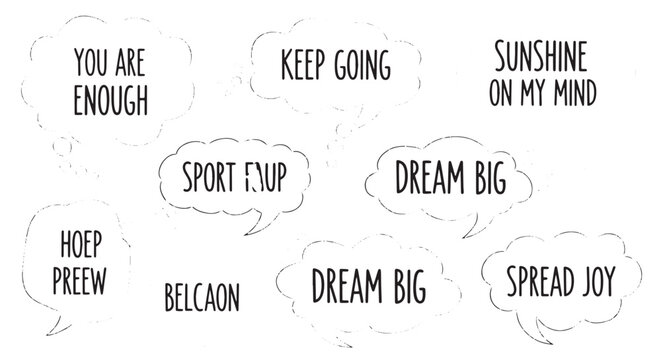 Motivational quotes in speech bubbles with positive affirmations and encouraging words for resilience and growth.