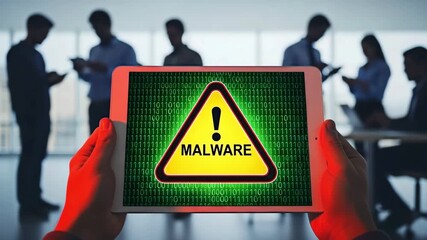A tablet screen displays a malware alert, symbolizing the danger of cyber threat in the digital world. - Powered by Adobe