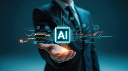 Businessman presenting a glowing ai chip with digital circuits on his palm