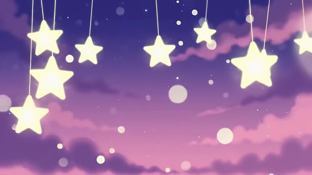 Dreamy Twilight Night Sky with Hanging Star Lights and Soft Cloud Auras