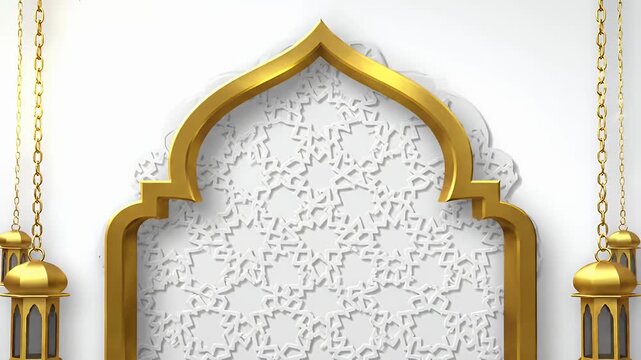 Elegant gold ornate architectural arch frame with symmetrical decorative corners and bright white background