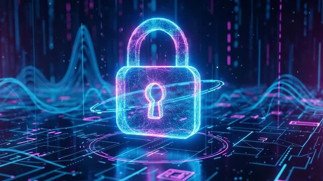 Secure digital padlock with glowing blue and pink outline represents data protection and cybersecurity measures in a futuristic technology setting always