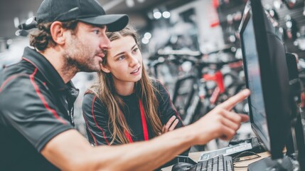 A staff member helps a customer with a computer at a bike store in a busy shopping area. Bicycles are seen in the background as they engage in discussion.