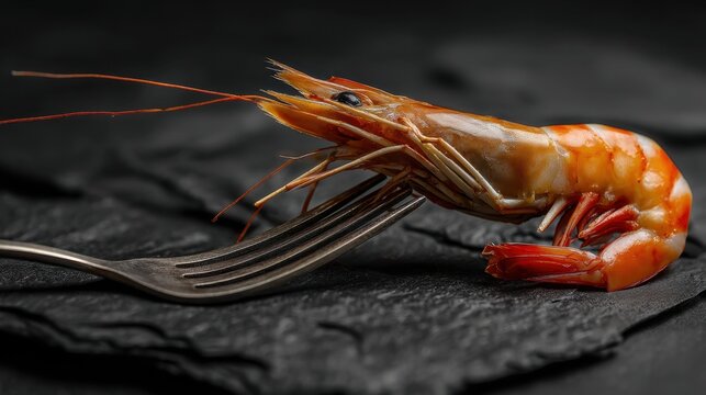 Shrimp is on a fork on a black surface. The shrimp is partially eaten and the fork is bent