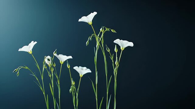 Elegant white calla lilies standing tall on slender green stems against a dark blue gradient studio backdrop