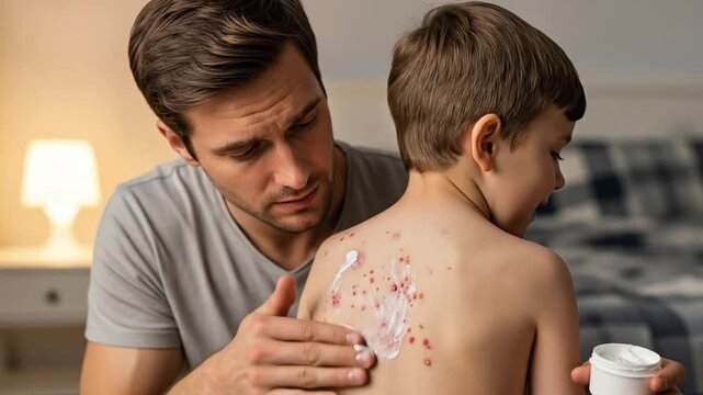 Father treats his young son's chickenpox rash and blisters on his back