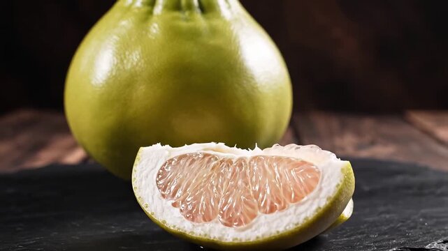 Fresh Green Pomelo Fruit and a Slice on a Dark Background.