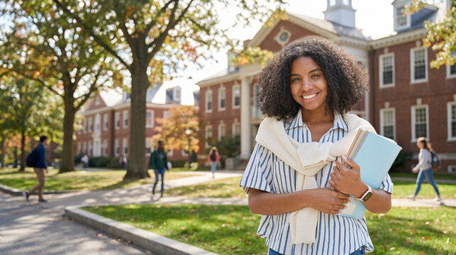 Happy female African American girl student standing outside university holding notebooks looking at camera outdoor, portrait. Applying university, admission scholarship program. Copy space for ads