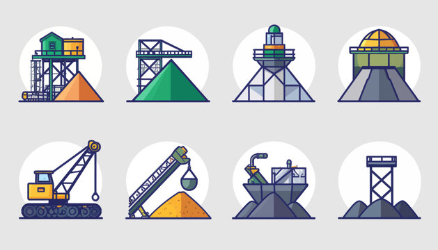 Industrial icons set featuring various material handling equipment, mining structures, and bulk storage facilities.