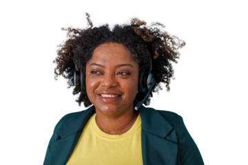 Black woman with afro hair smiling, wearing a headset with a microphone, providing online support with a transparent background