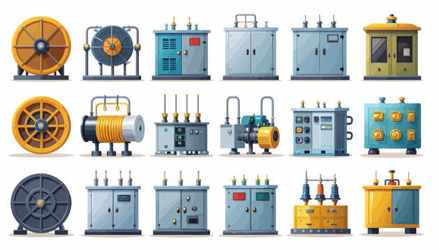 Collection of various industrial electrical equipment, including transformers, control panels, and large spools, depicted in a stylized manner.