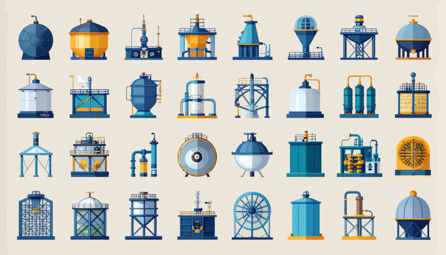 A grid of stylized industrial tanks, silos, and processing units in blue and yellow, depicting various factory equipment.