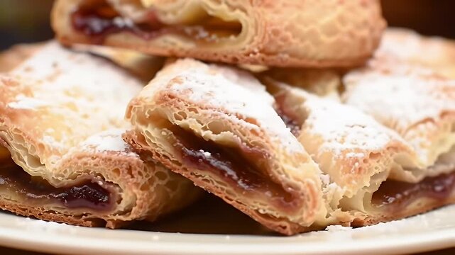 Flaky Puff Pastry Turnovers with Fruit Jam and Powdered Sugar Garnish on a Plate