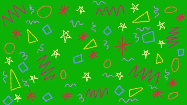 Hand drawn memphis scribble pattern green screen. Retro 90s aesthetic doodle animation chroma key, stars and zigzags background for fun videos.