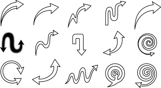 A collection of various black and white arrow illustrations on transparent background