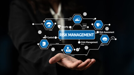 Fototapeta premium This image showcases a modern depiction of risk management concepts with icons and data elements, highlighting the importance of strategic planning and oversight in business environments. Tessel