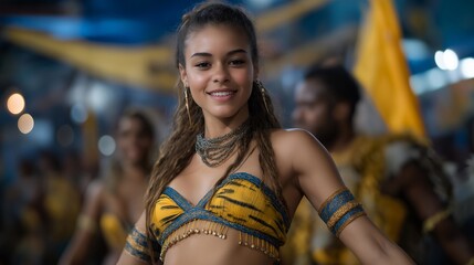 An iconic cultural moment unfolds at Brazilian carnaval, blending music, dance, costume design, and community participation into a global spectacle. cinematic color correction, natural uneven