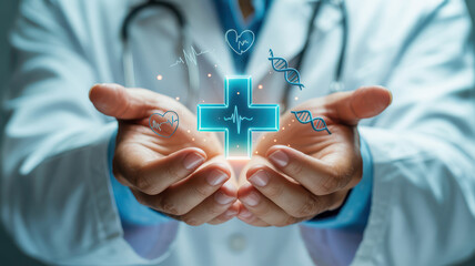 Closeup of a doctors hands cupping a bright cyan medical cross with abstract health data visualizations