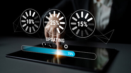 A concept of a system update and software installation. A progress bar and loading icons showing the update percentage and status. Motif