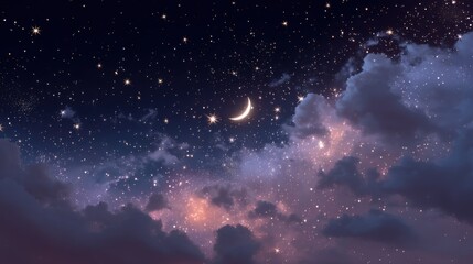 Fototapeta premium Night sky with crescent moon and stars among clouds.