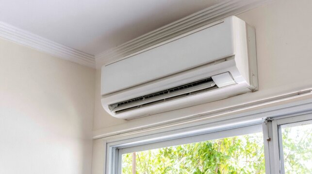 Air conditioner installed above window with natural light and greenery outside. Indoor air quality and sustainable cooling solution. Climate control for comfortable living