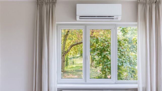 Split air conditioning unit in modern room interior. Efficient home climate control and temperature management concept. Energy-saving and smart living