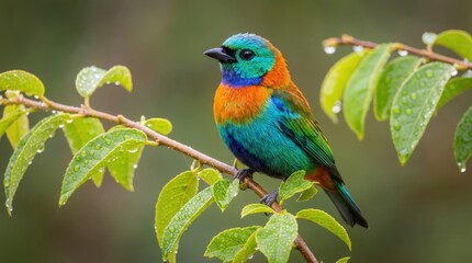 Fototapeta premium A colorful bird is perched on a leafy branch