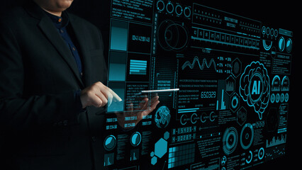 A business professional engages with an innovative digital interface showcasing various metrics and data visualizations related to artificial intelligence and technology. Cipher