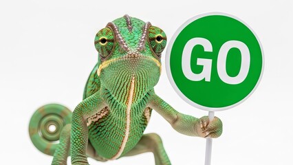 Naklejka premium chameleon holding a green go sign, road sign, on a white background, animal graphic