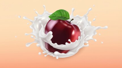 A red apple is floating in a white splash of milk