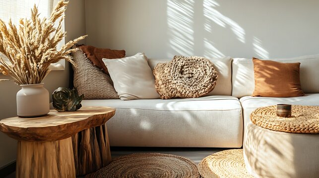 A cozy corner sofa with textured fabric, warm earthy tones, and wooden side tables 