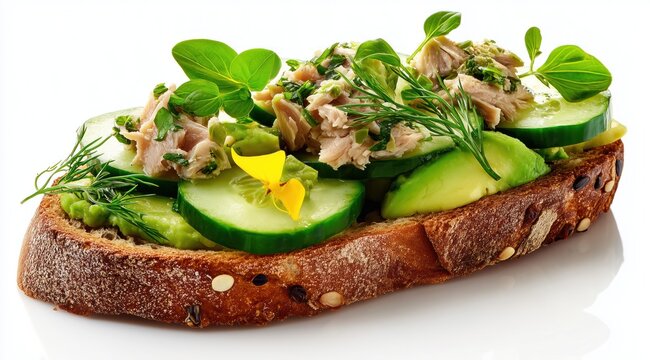Une tartine de pain aux c&eacute;r&eacute;ales &agrave; l'avocat avec concombre, herbes et thon sur un fond blanc isol&eacute;.