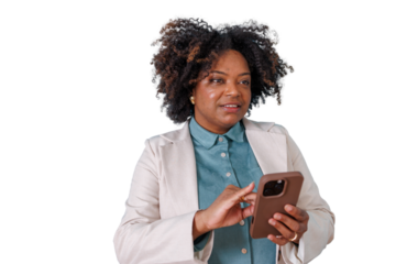 Black woman working with smartphone, communicating online, remote business, and digital technology on transparent background