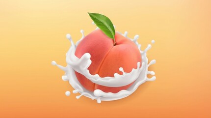 A peach is floating in a splash of milk