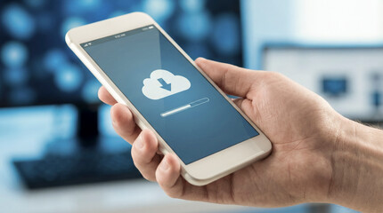Hand holding smartphone downloading data from cloud