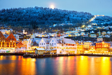 Bergen harbor at dusk in winter, Norway